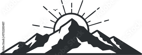 A stylized silhouette of mountains with a rising sun and rays in the background.