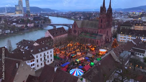 Basel Christmas Market Aerial Shot. Illuminated Basler Weihnachtsmarkt in the evening Twilights at Winter in Switzerland