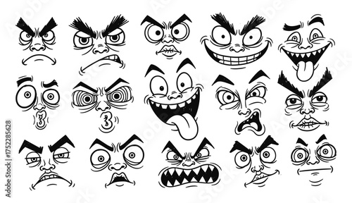 Collection of black and white cartoon faces with exaggerated expressions emotion drawing