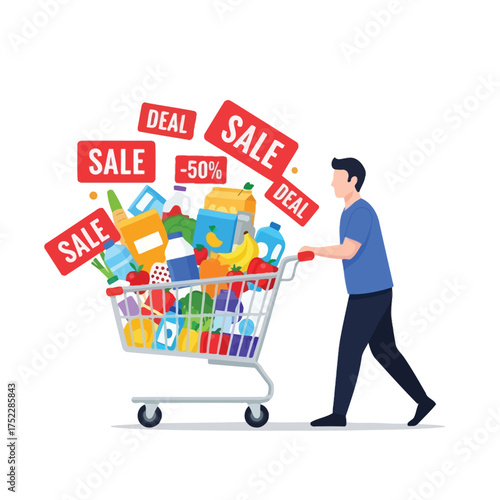 Grocery Shopping for Deals Man with Cart Full of Bargains & Savings