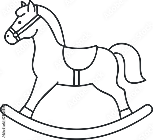 A simple line art illustration of a rocking horse toy for children.