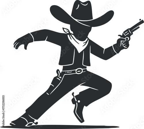 Silhouette of a cowboy in action holding a pistol in a dynamic pose.