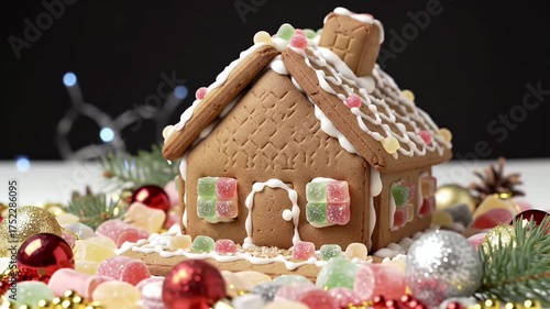 Gingerbread House Decorated with Candies and Lights on a Festive White Table