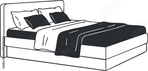 A minimalist illustration of a modern bed with pillows and bedding, ideal for interior design.