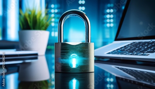 secure metal padlock with glowing keyhole on reflective desk in modern office conveying data protection and organized folder privacy