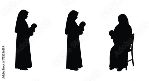 Three silhouettes of women holding babies in different poses