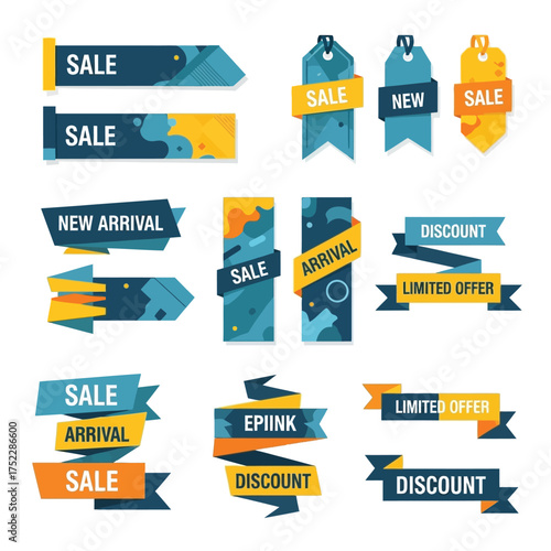 Set of trendy sale and new arrival banners, labels, and ribbons