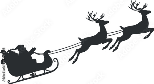 A festive silhouette of Santa in a sleigh pulled by reindeer during Christmas time.