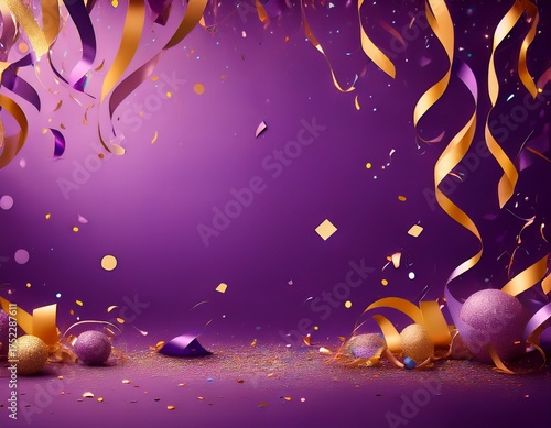 party background with confetti and streamers purple invitation background
