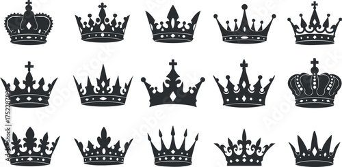 A collection of black silhouettes of various crowns representing royalty and elegance.