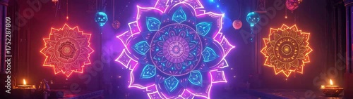 Festival neon lotus mandala glowing light background.