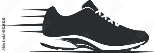A sleek black running shoe design emphasizing speed and athletic performance.