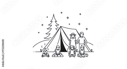 Happy Family Camping Trip Line Art Illustration with Tent and Campfire.