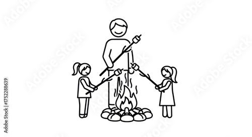 Family roasting marshmallows over a campfire in a simple line drawing style.