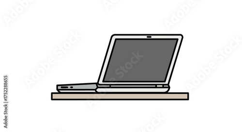 Open Laptop Computer on a Simple Wooden Shelf.