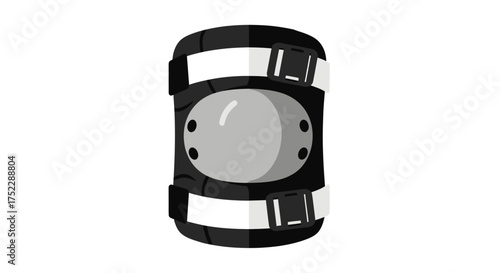 Protective black knee pad with a grey hard shell cap and white adjustable straps.