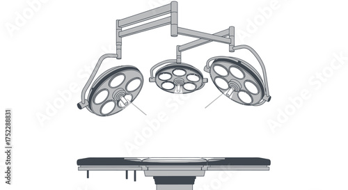 Surgical Operating Room Lighting Fixtures and Examination Table.
