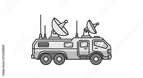 Detailed Illustration of a Satellite Communication Truck with Antennas.