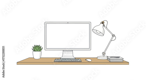 Desk with Computer Lamp Succulent and Accessories in a Minimalist Style.