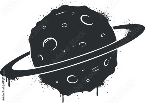 Illustration of a dark planet with rings depicting a cosmic and artistic space theme.