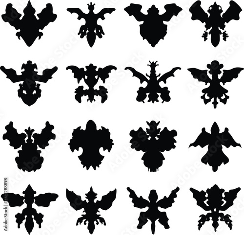 Grid of twelve rorschach inkblot tests silhouette isolated on white background
