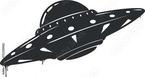 A stylized silhouette of a UFO with a sleek design and dripping effect.
