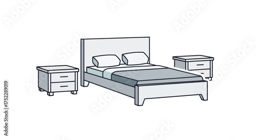 Simple Illustration of a Bed with Two Nightstands.