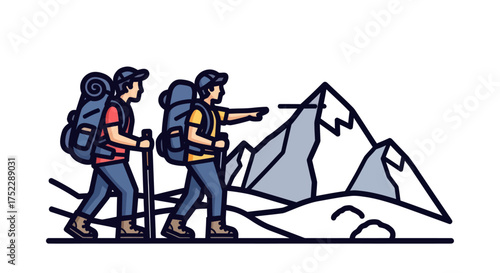 Two hikers with backpacks and trekking poles pointing towards a mountain range.