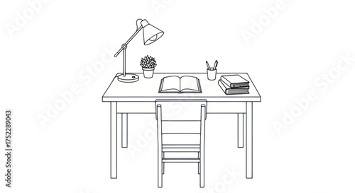 Simple Desk Setup with Lamp Books and Plant Illustration.