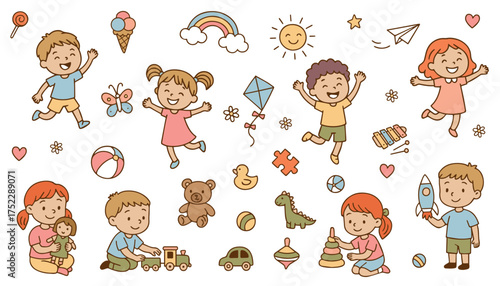 A large set of children jumping and playing various games. Colorful hand-drawn illustration.