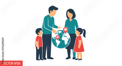 A family with two children planning a global trip pointing at locations on a world globe.