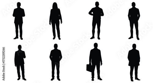 Eight black silhouettes of people standing in a grid formation