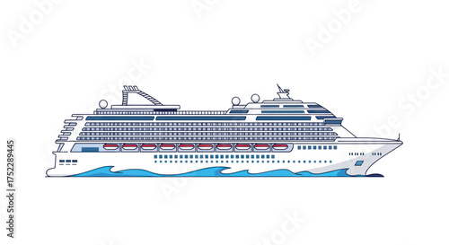 Cruise Ship Illustration with Blue Wave Detail and Multiple Decks.