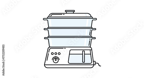 Stacked Tiered Electric Food Steamer Appliance with Control Panel.