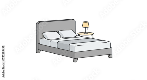 Modern Grey Upholstered Bed with Nightstand and Lamp.