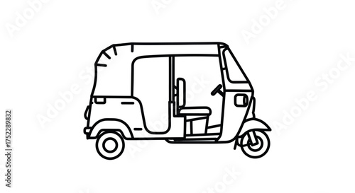 Outlined Illustration of a Three-Wheeled Auto-Rickshaw Vehicle.