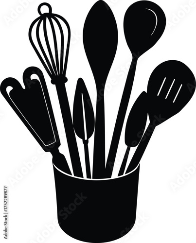 Hand drawn minimalist kitchen utensils silhouette isolated on white background
