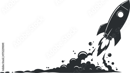 A dynamic black and white illustration of a rocket launching into space with smoke.