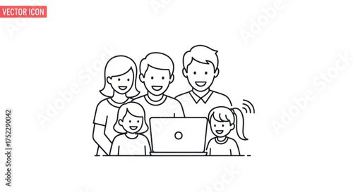 Family of Five Smiling Together Using Laptop Computer.