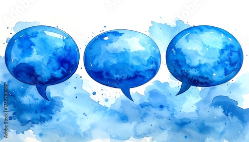 Three blue speech bubbles against watercolor cloud-like backdrop