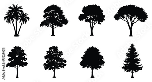 Collection of various silhouetted trees and tropical vegetation designs