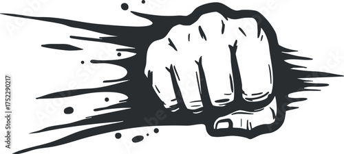 A dynamic illustration of a fist striking with energy and motion effects.