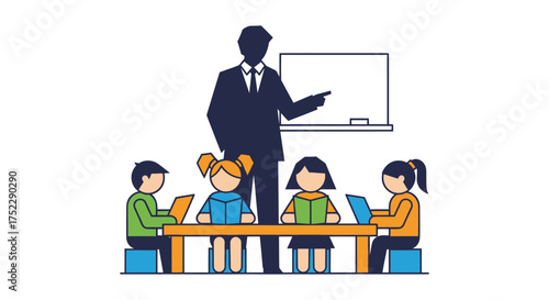 Teacher instructing students at a table in a classroom setting.