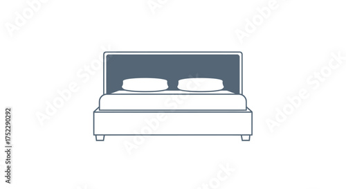 Minimalist Bed with Blue Headboard and Two Pillows Front View.