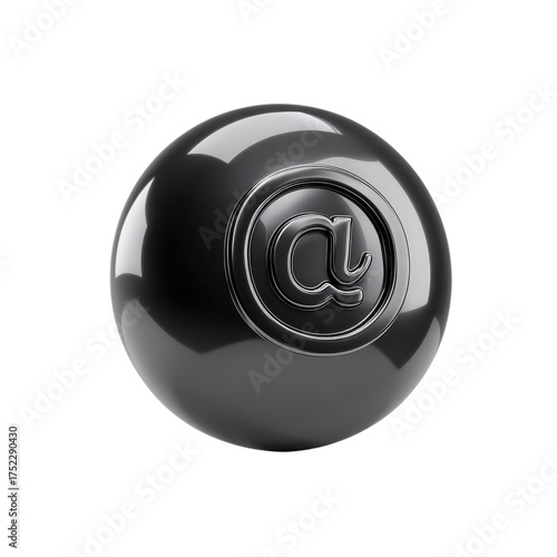 A shiny transparent ball with a stylized letter a inside a circle on a dark background showing reflections