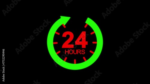 Clock 24 hours icon animation .Timer concept of 24 hours a day, animation on a transparent background.