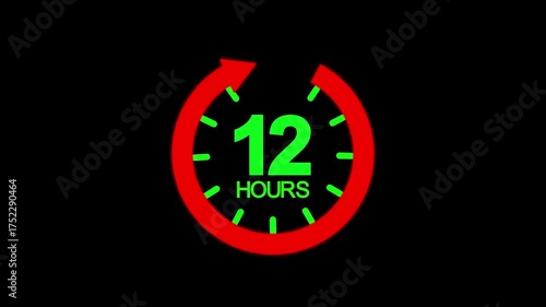 12 hours clock with circle arrow. Clock timer, time passage waiting time animation. Stopwatch animation.