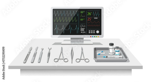 Medical Surgical Instruments and Patient Monitor on White Table.