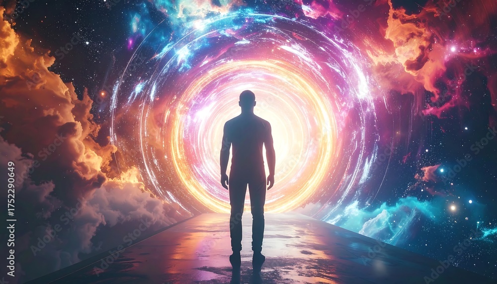 Fototapeta premium A human silhouette stands before a radiant, swirling portal, illuminated by vibrant energy and surrounded by cosmic nebulae and clouds. The gateway beckons
