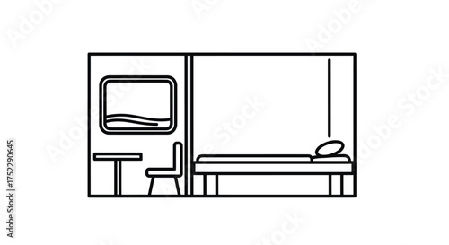 Minimalist Interior Line Art of a Train Cabin with Bed and Window.